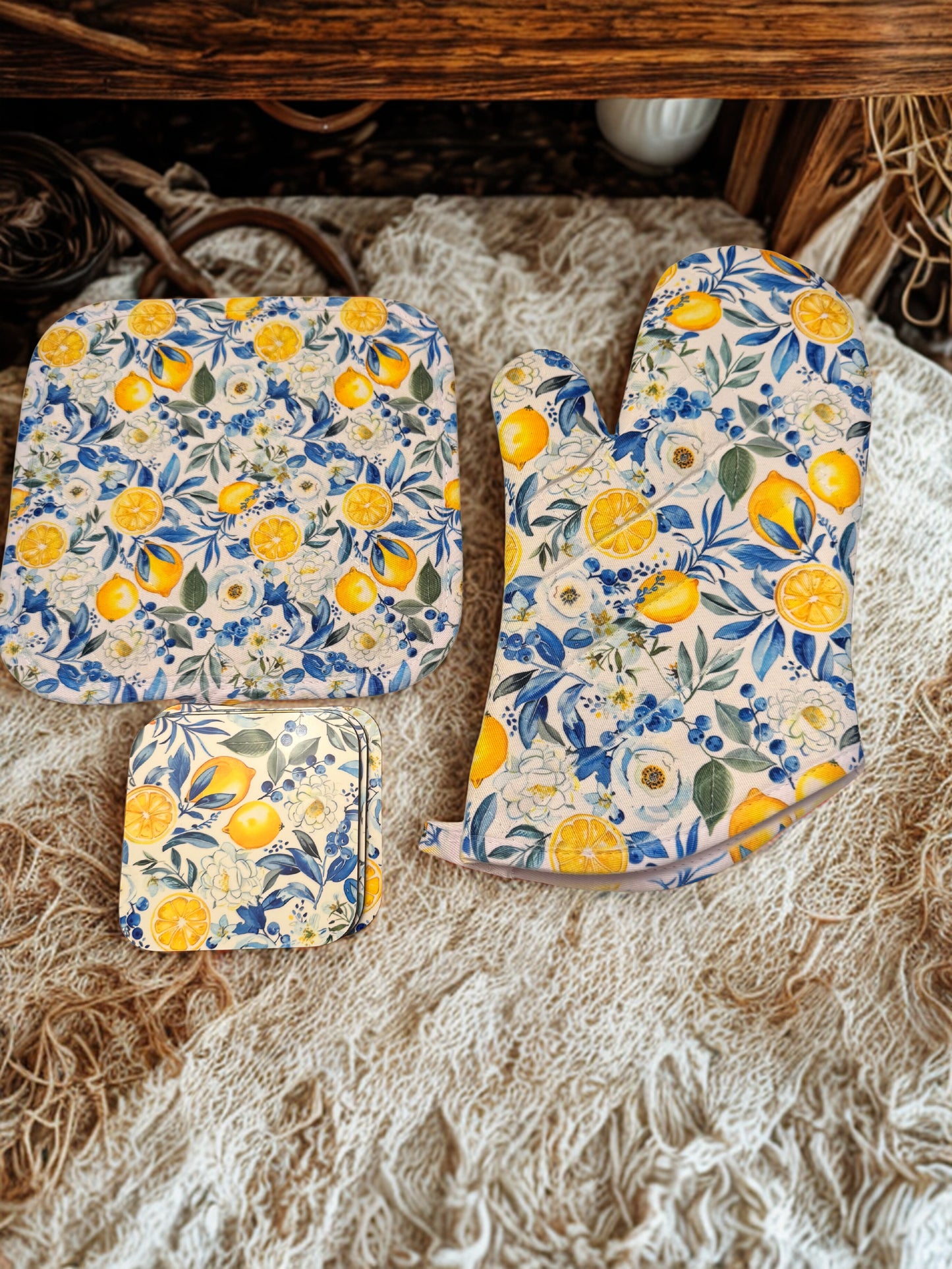 Lemon Floral Kitchen Set – 2 Pot Holders & 4 Coasters | Beautiful Blue & Yellow Botanical Design