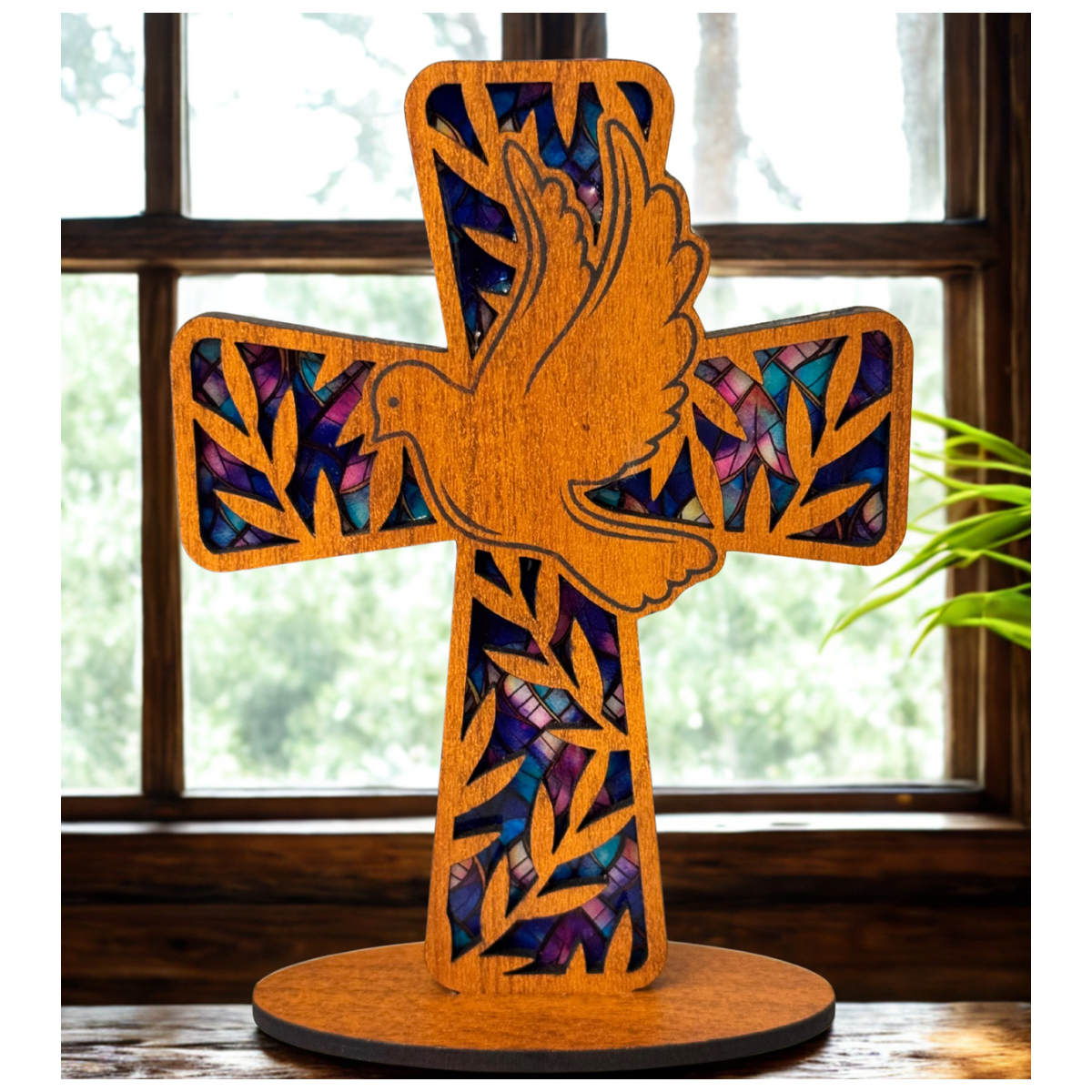 Laser-Cut Cross with Dove - Stained Glass Flex Mosaic Art