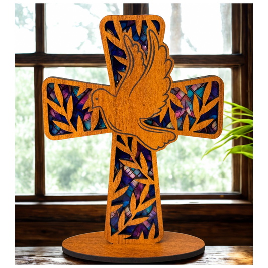 Laser-Cut Cross with Dove - Stained Glass Flex Mosaic Art